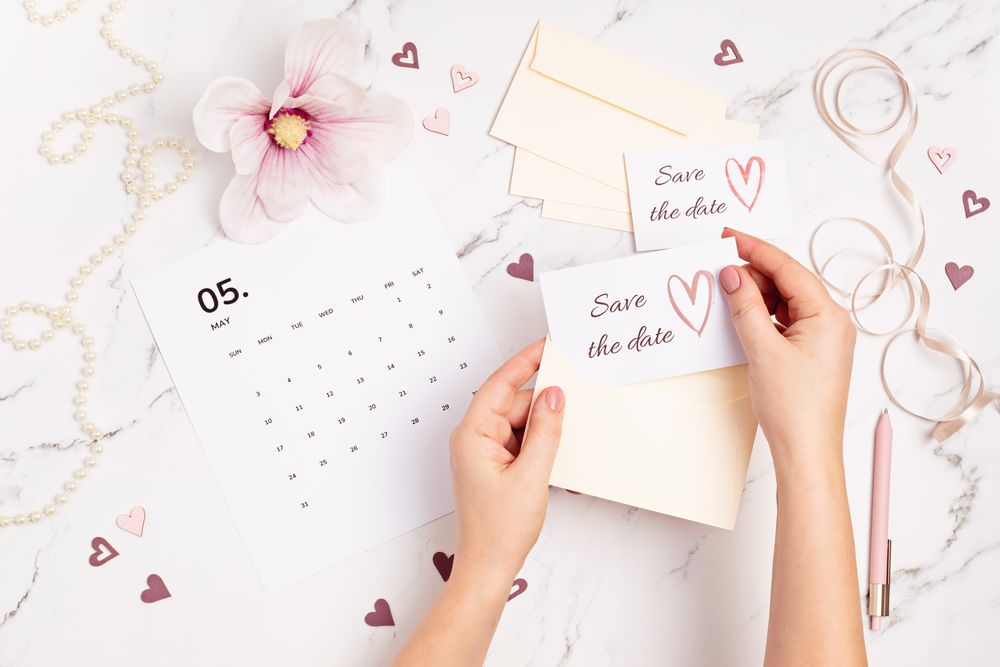 woman hands putting save the date card in the enve 9exvca9